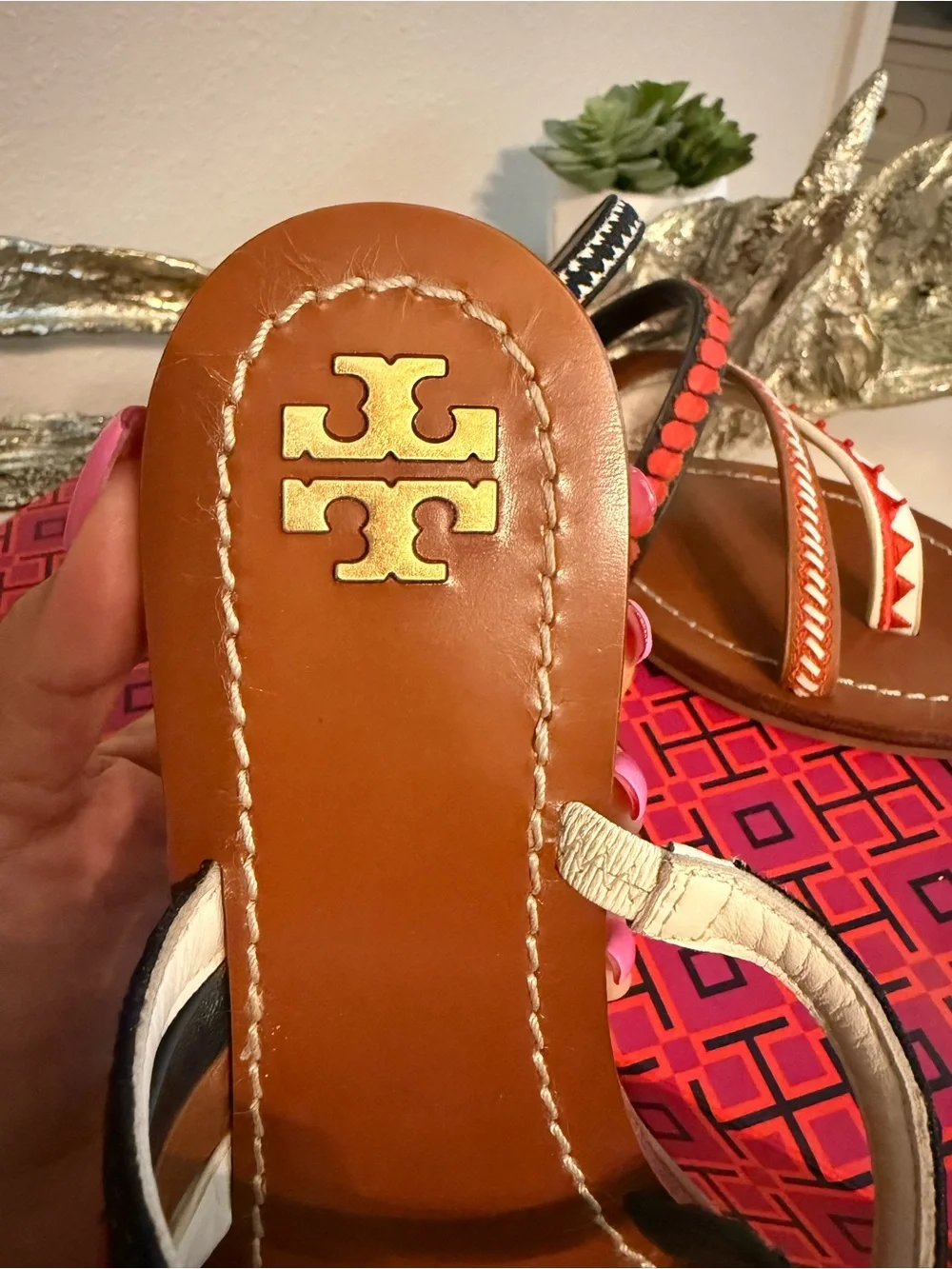 Tory Burch Brown Leather Slide Sandals with Red, Navy & White Trim